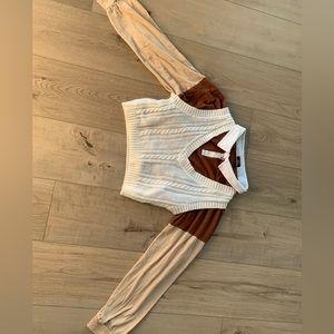 Cropped Collared Long sleeve w White Knitted Vest